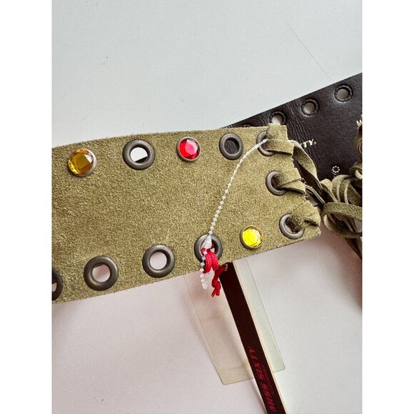 NWT MISS SIXTY 00s Y2K Ellie Green Suede Grommet Crystal Studded Fringe Belt - Picture 3 of 11